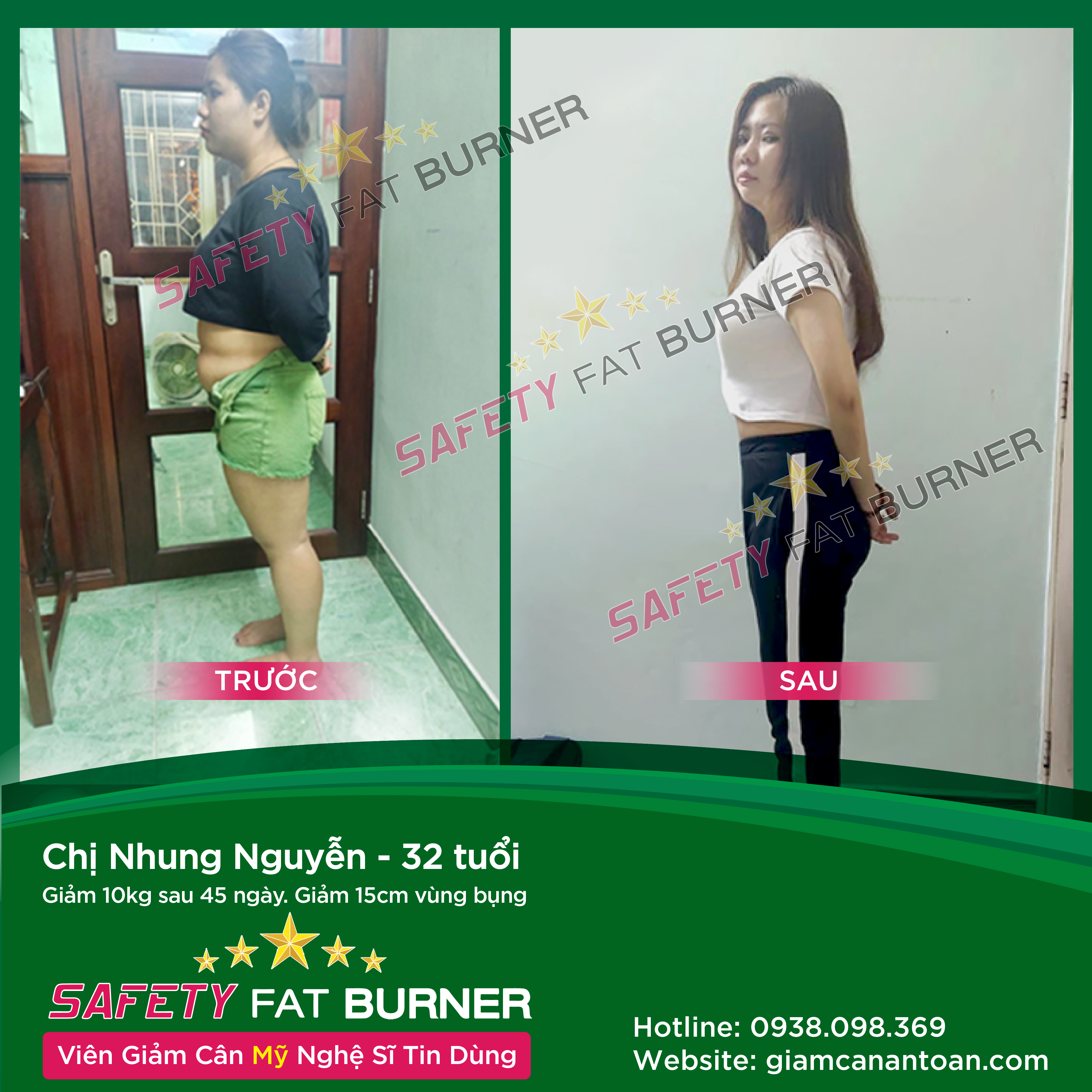  Chị Nhung Nguyễn - 32 tuổi. Giảm 10kg sau 45 ngày. Giảm 15cm vùng bụng.