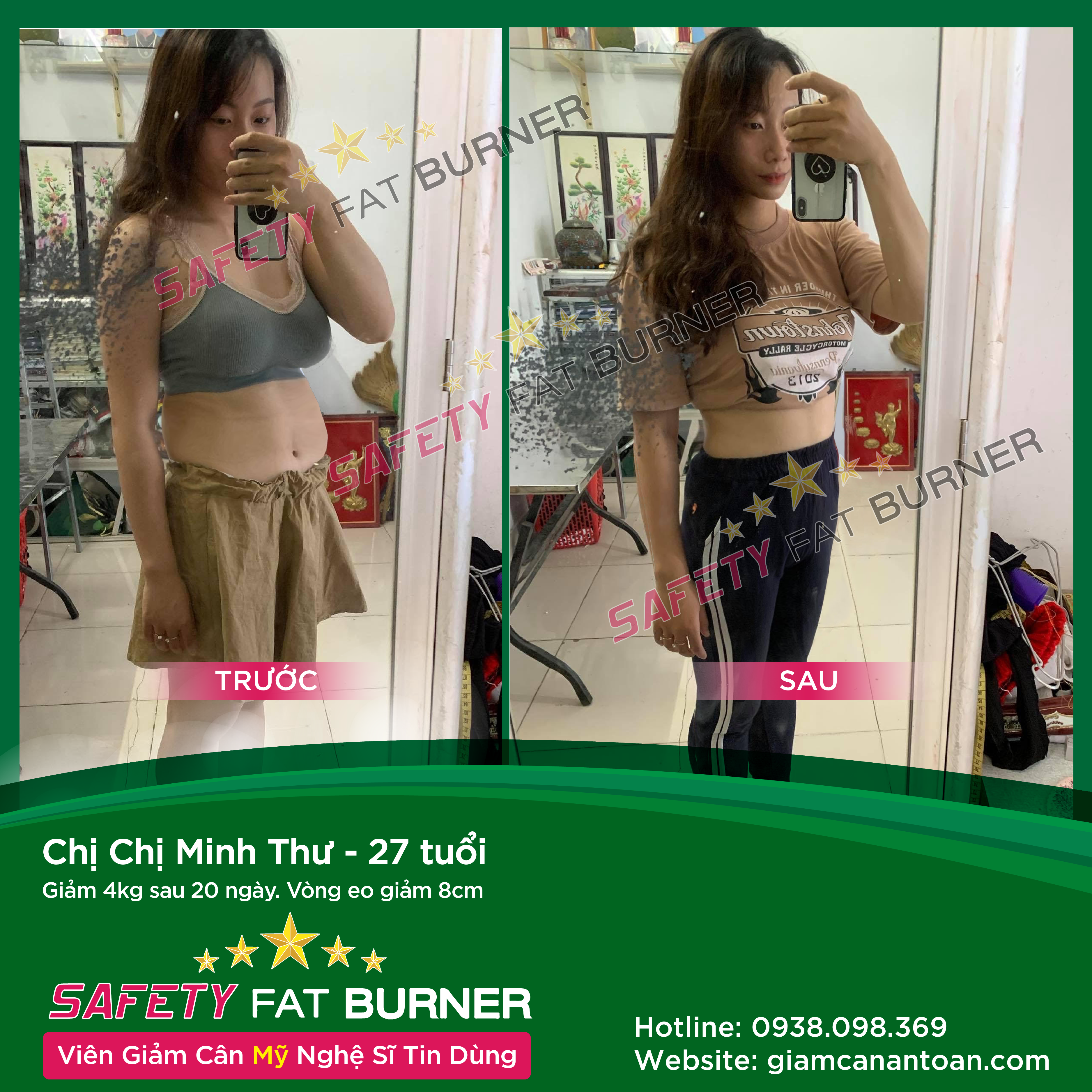 Chị Nhung Nguyễn - 27 tuổi. Giảm 4kg sau 20 ngày. Giảm 8cm vùng bụng.