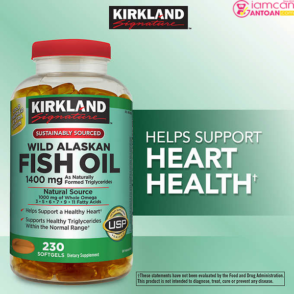 Kirkland Wild Alaskan Fish Oil 1400mg đảm bảo tinh khiết, chứa 8 loại axit béo thiết yếu
