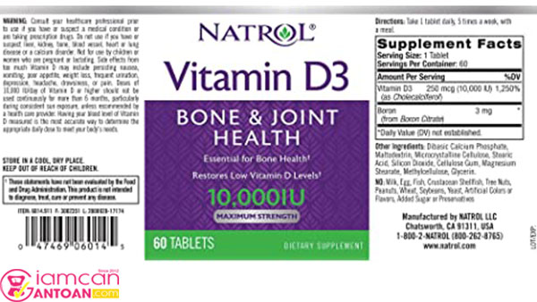 Vitamin D3 10000IU Natrol chứa các thành phần thiết yếu tốt cho sức khỏe